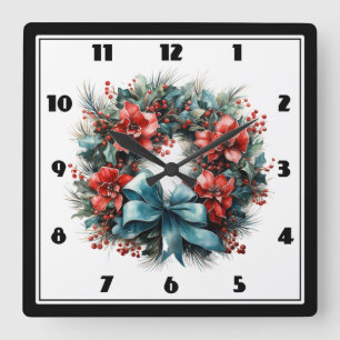 Horloge Carrée Chemise d'aquarelle de Noël avec Holly