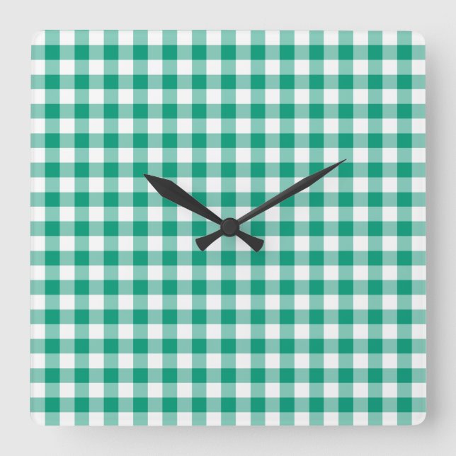 Horloge Carrée Chèques Émeraude Vert Et Blanc En vichy (Recto)