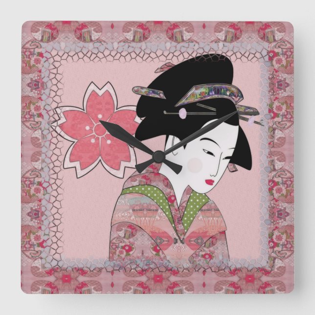 Horloge Carrée Cherry Blossom Geisha (Recto)