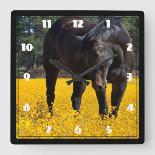 Horloge Carrée Cheval bai dans un champ de fleurs jaunes