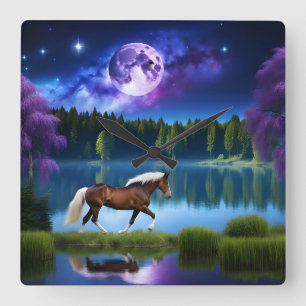 Horloge Carrée Cheval belge Palomino sous ciel étoilé violet