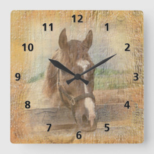 Horloge Carrée Cheval Brown avec le licou sur le vieux bois