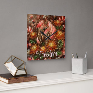 Horloge Carrée Cheval d'automne Chrysanthèmes floraux Personnalis