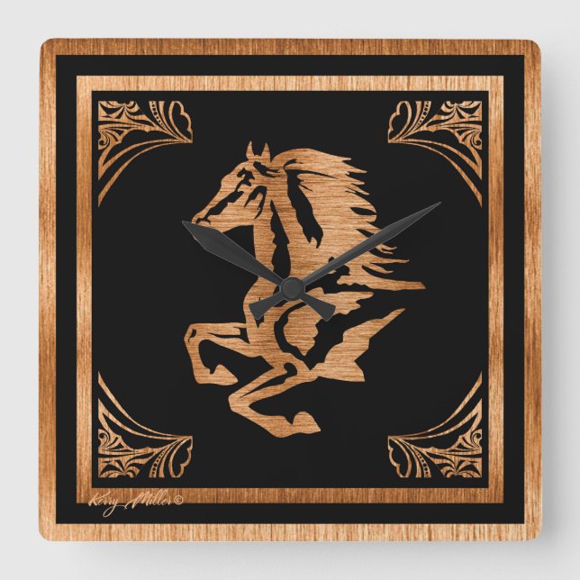 Horloge Carrée Cheval en bois élégant (Recto)