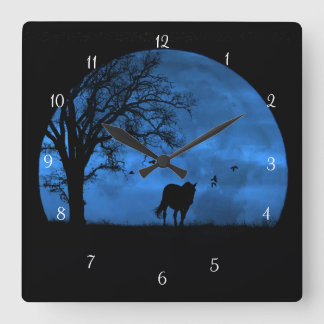Horloge Carrée Cheval et pleine lune bleue magnifique