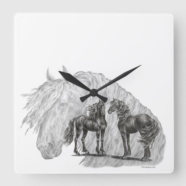 Horloge Carrée Cheval friésien Noir Manes Tails (Recto)