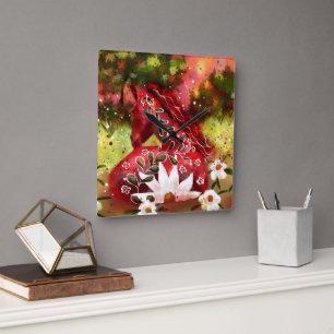 Horloge Carrée Cheval marguerrier Art Abstrait Rouge Blanc Vert F