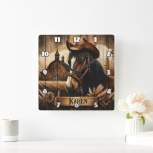 Horloge Carrée Cheval Occidental Avec Casquette Cowboy À Côté Du 