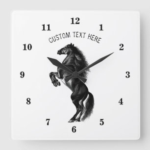 Horloge Carrée Cheval sauvage noir dressé - Dessin noir et blanc