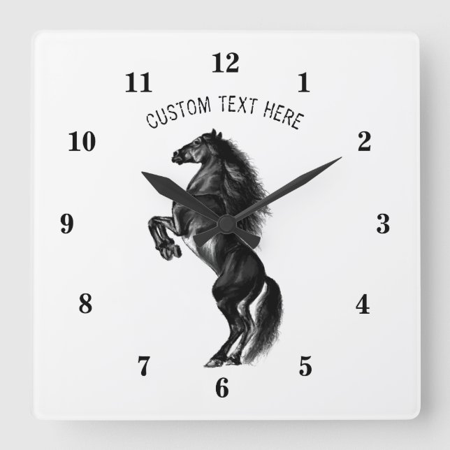 Horloge Carrée Cheval sauvage noir dressé - Dessin noir et blanc (Recto)