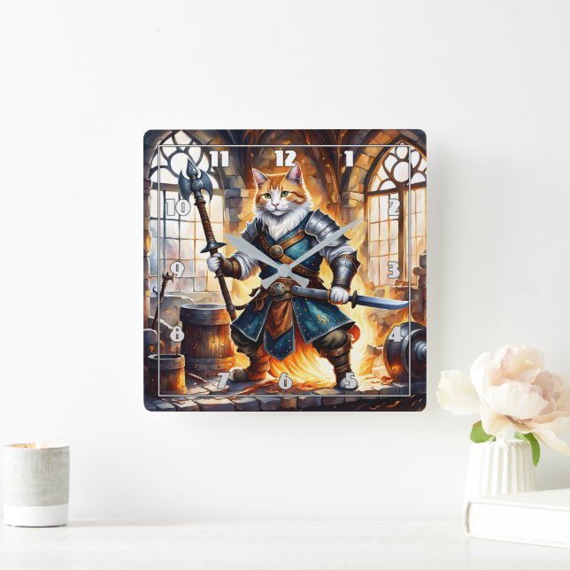 Horloge Carrée Chevalier de chat brave dans un cadre médiéval (Maison)