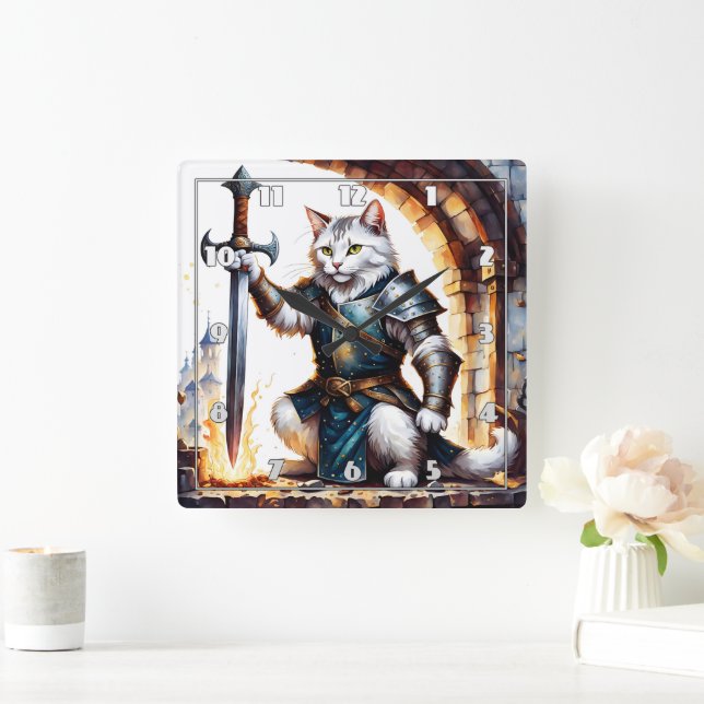 Horloge Carrée Chevalier de chat brave en armure avec épée (Maison)