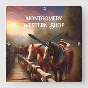 Horloge Carrée Chevaux accrochés à un rail