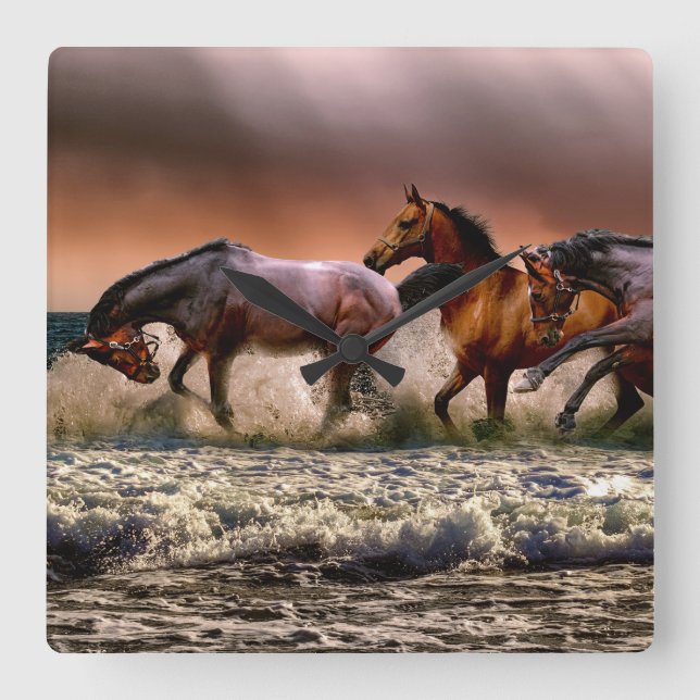 Horloge Carrée Chevaux courir dans le Surf océanique au coucher d (Recto)