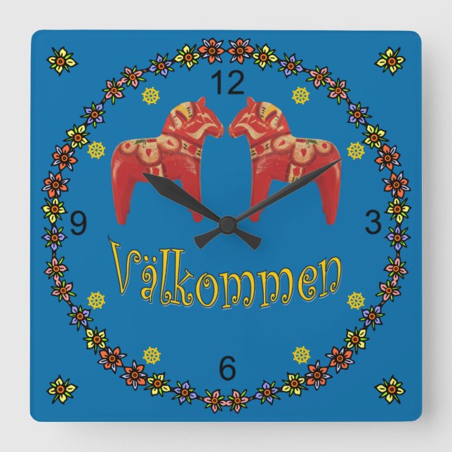 Horloge Carrée Chevaux de Dala suédois ~ Välkommen ~ Affiche de b (Recto)