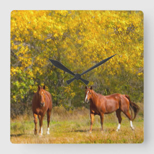 Horloge Carrée Chevaux d'or d'automne