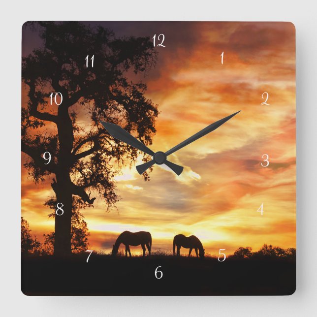Horloge Carrée Chevaux du Sud-Ouest et chêne (Recto)