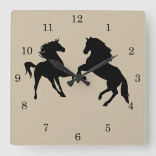 Horloge Carrée Chevaux noirs - Choisissez / Ajoutez votre texte /