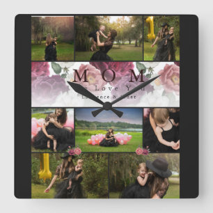 Horloge Carrée Chic Custom Floral Family and Mother Photo de coll