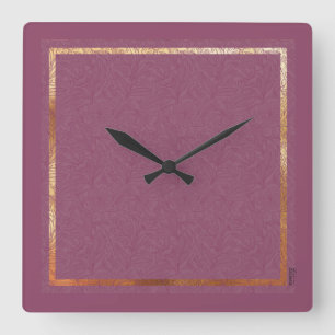 Horloge Carrée Chic Gold Bourgogne Abstrait cadre floral
