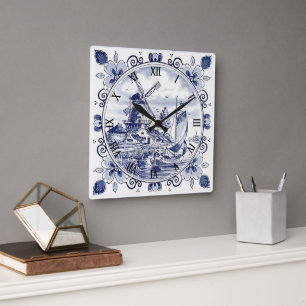 Horloge Carrée Chic Vintage Classique Moulin Hollandais Delft Ble
