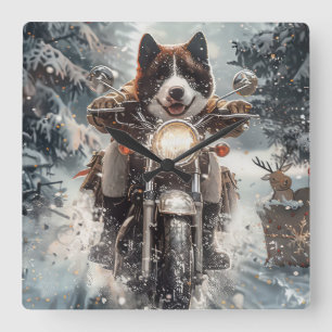 Horloge Carrée Chien Akita Américain en moto Noël 