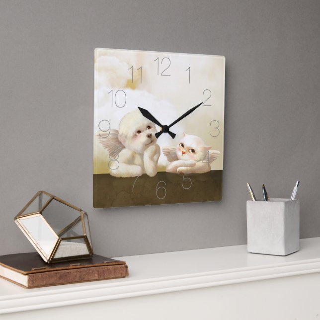 Horloge Carrée Chien angélique et chat sur Cloud (Bureau)