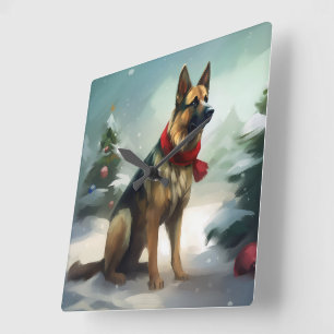 Horloge Carrée Chien berger allemand en Noël de neige