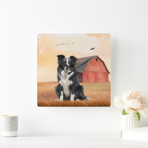 Horloge Carrée Chien Border Collie et ranch à grange rouge