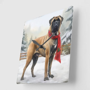 Horloge Carrée Chien Bouledogue Mastiff dans la neige de Noël