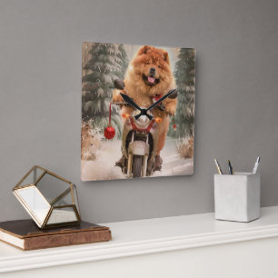 Horloge Carrée Chien Chow Chow à moto Noël