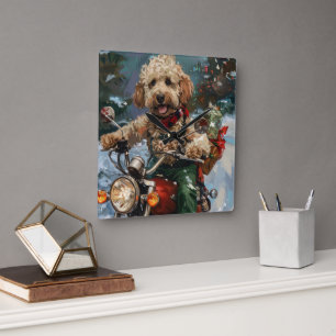 Horloge Carrée Chien Cockapoo à moto Noël
