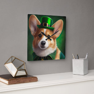 Horloge Carrée Chien Corgi en robe de la Saint-Patrick