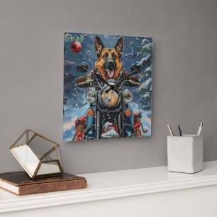 Horloge Carrée Chien de berger allemand à moto Noël