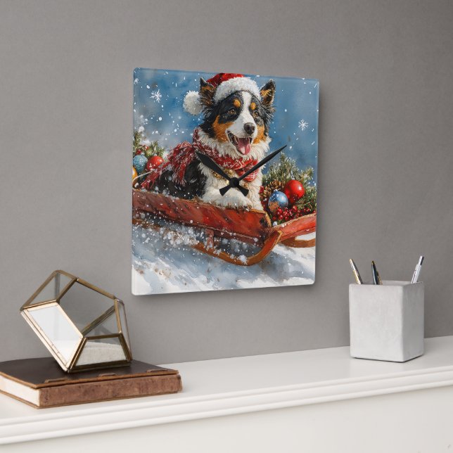 Horloge Carrée Chien de berger australien en Noël à Sledge (Bureau)