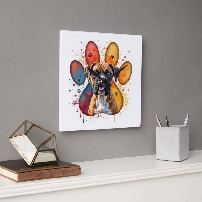 Horloge Carrée Chien De Boxe En Empreinte D'Aquarelle (Bureau)
