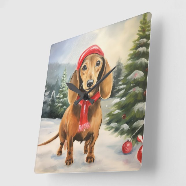 Horloge Carrée Chien de Dachshund à Noël de neige (Angle)