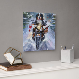 Horloge Carrée Chien de montagne bernois à moto Noël