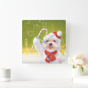 Horloge Carrée Chien de Noël avec chapeau de Père Noël