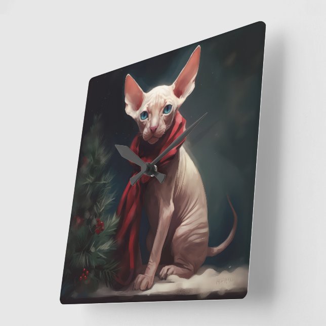 Horloge Carrée Chien de Sphynx à Noël de neige (Angle)