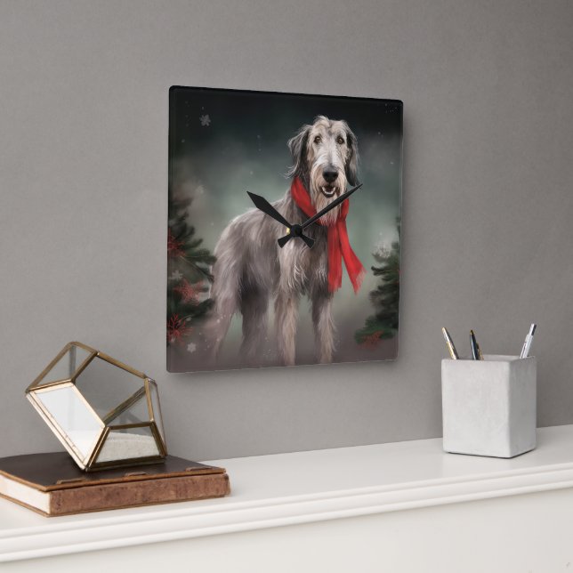 Horloge Carrée Chien de Wolfhound à Noël de neige (Bureau)