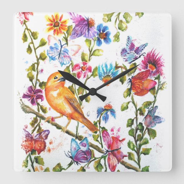 HORLOGE CARRÉE CHIEN EMPREINTES DE PATTES JAUNE OISEAU (Recto)