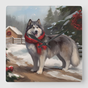 Horloge Carrée Chien malamué de l'Alaska en Noël de neige