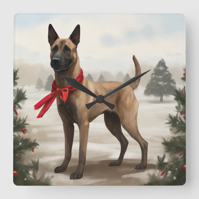 Horloge Carrée Chien malinois belge à Noël de neige (Recto)
