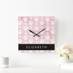 Horloge Carrée Chien Paws, White Paws, Aquarelles roses, Votre No