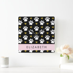 Horloge Carrée Chien Paws, White Paws, Gold Hearts, Votre Nom