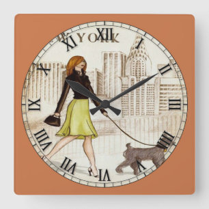 Horloge Carrée Chien romain de New York Lady Walking Chien