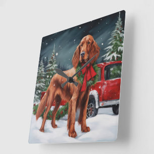 Horloge Carrée Chien rouge irlandais à la neige Noël