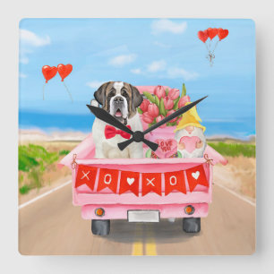 Horloge Carrée Chien Saint-Bernard Saint-Valentin Camion Cœurs