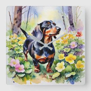 Horloge Carrée Chien Saucisse Dachshund Aquarelle Primevères Fore